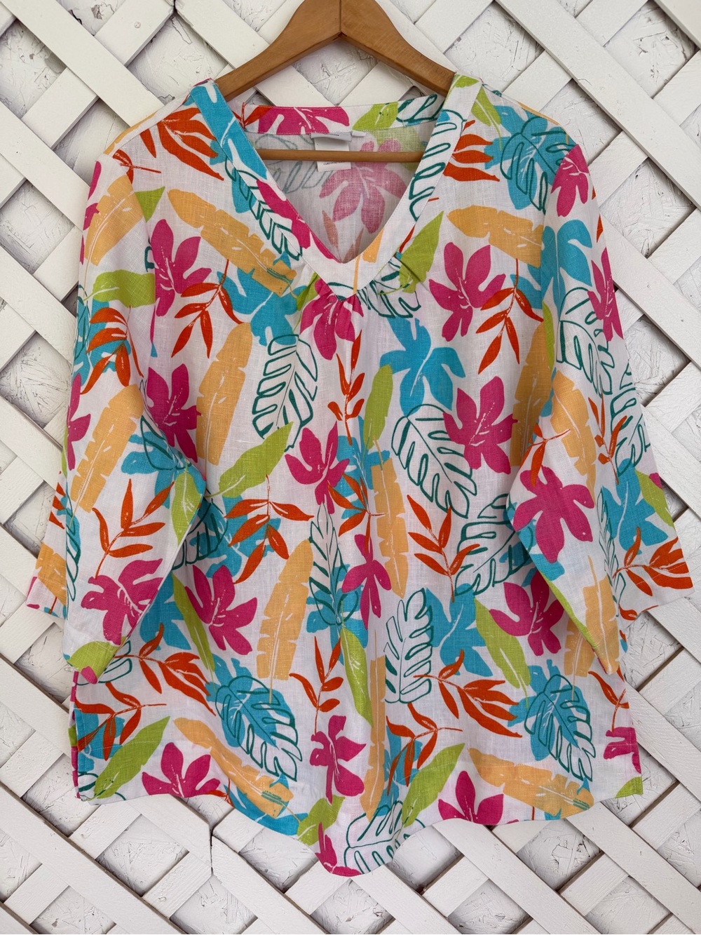 Hot Cotton 100% Linen Top Vibrant Leaf Print Coastal Resort 1X